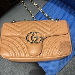 Tan Quilted Shoulder Bag with Gold Chain